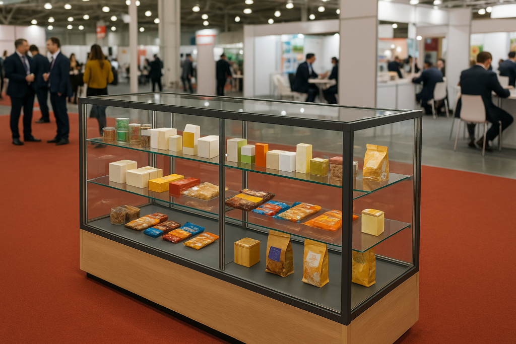 Balcão expositor com compartimentos em um evento
