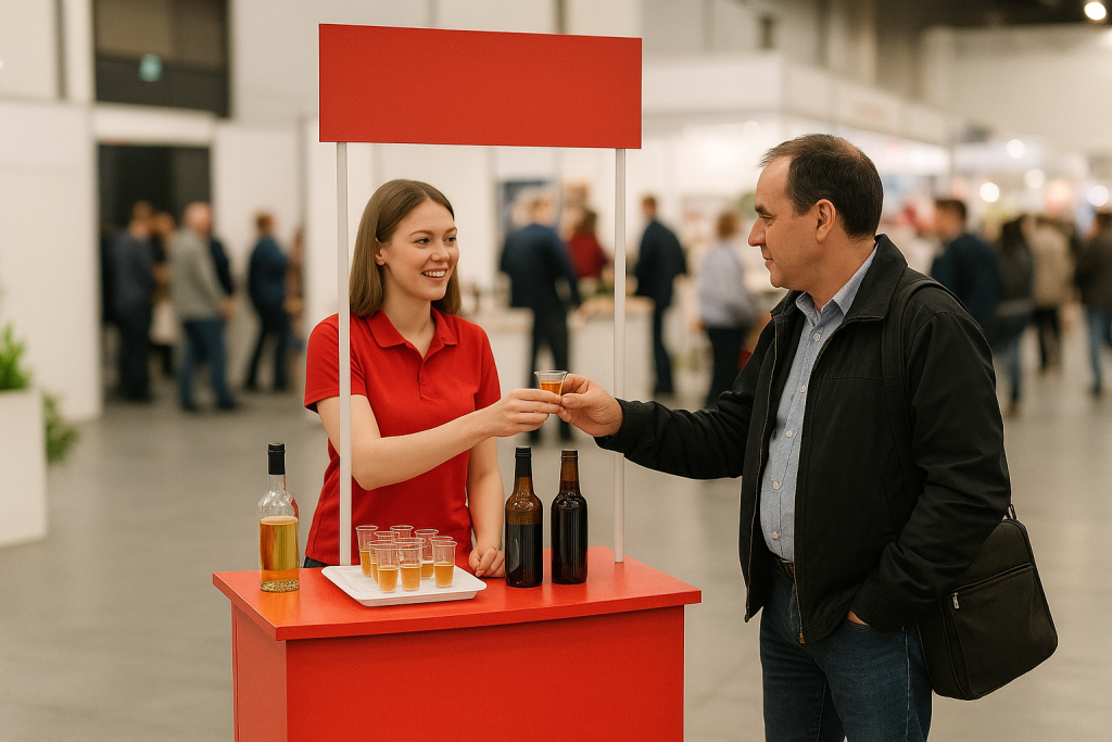 balcão de degustação vermelho em um evento gastronômico