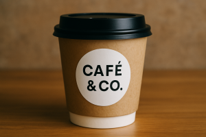 Copo de café com um adesivo pequeno da cafeteria