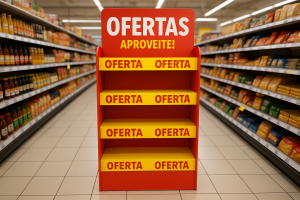 display de chão com ofertas em um supermercado
