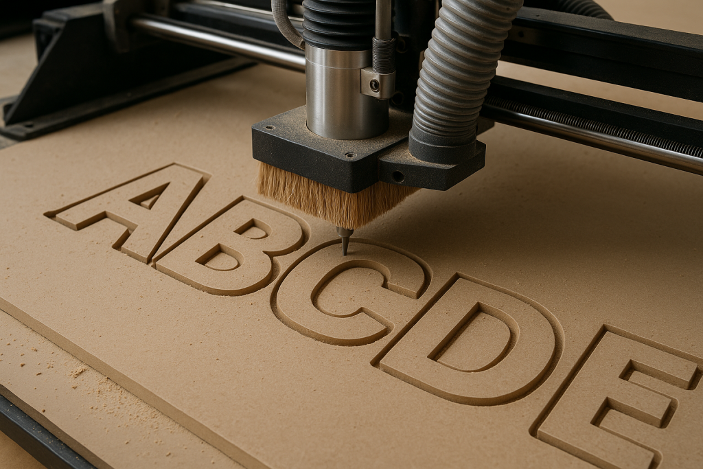 Máquina pantográfica contando MDF em formatos de letras