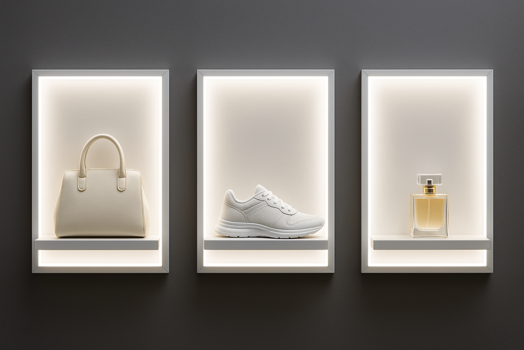 produtos dentro de painéis iluminados por uma luz LED