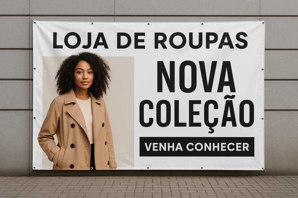Tela com material vinílico com o design de uma loja de roupas anunciando uma nova coleção