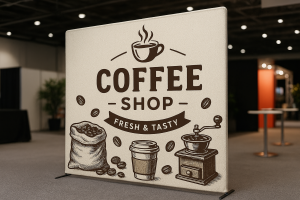 Tela com design de uma cafeteria em um evento
