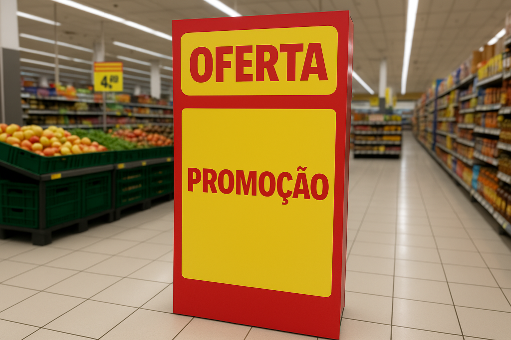 totem promocional em um supermercado perto da sessão de frutas