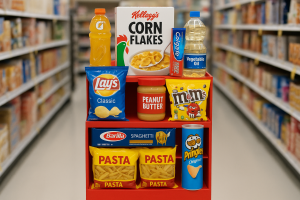 Totem de papelão vermelho com vários alimentos em um supermercado
