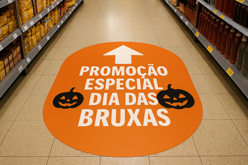 Adesivo de promoção de dia das bruxas no chão de um supermercado