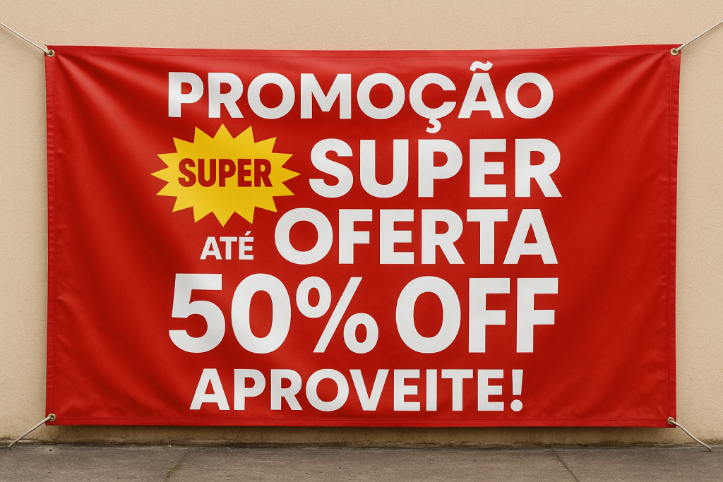 banner de promoção até 50% off em frente a uma parede