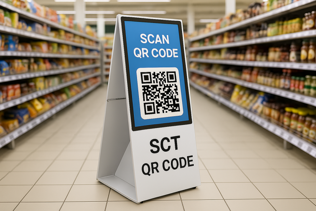 Imagem de um totem dobrável com QR code para ser escaneado