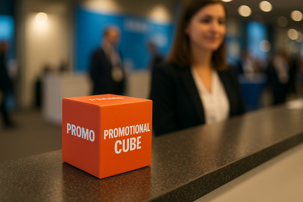 Imagem de um cubo promocional pequeno em cima de balcão
