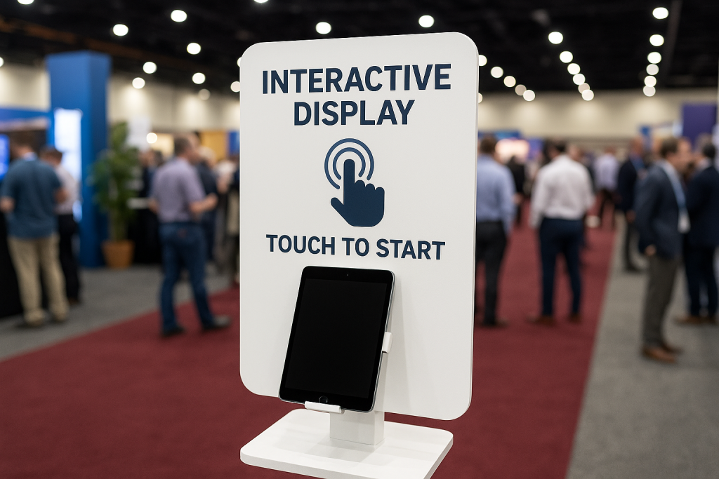 Imagem de um display interativo com um tablet em um evento