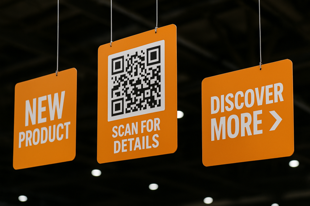 Móbiles pendurados no ar com com QR codes para anunciar um novo produto em uma feira