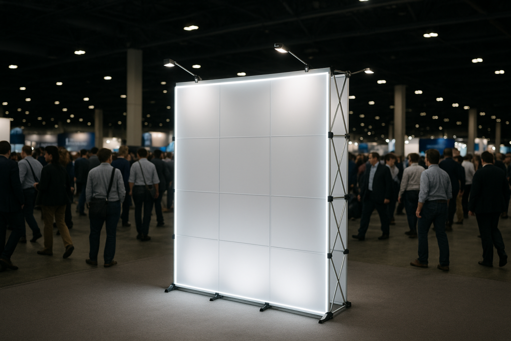 Imagem de um stand pantográfico iluminado em um evento