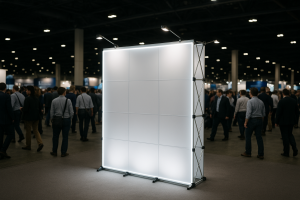 Imagem de um stand pantográfico iluminado em um evento