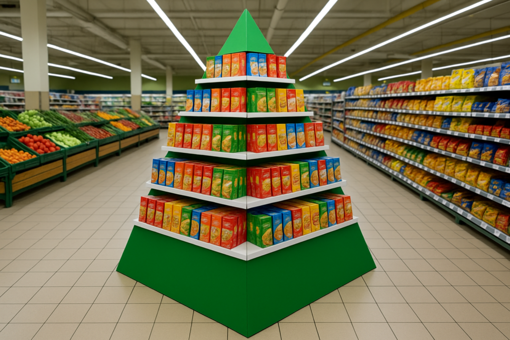 Imagem de um totem dobrável em formato de pirâmide em um supermercado
