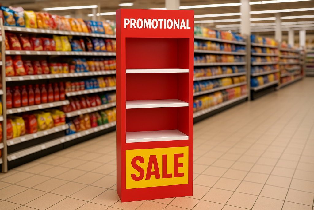 Imagem de um totem promocional em um supermercado anunciando uma promoção