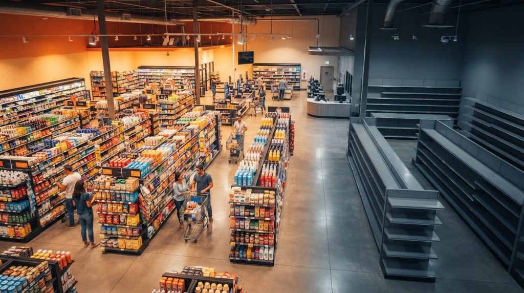 Corredores de supermercado com clientes fazendo compras e gôndolas abastecidas ao lado de estantes metálicas vazias, ilustrando soluções de exposição e organização para o varejo